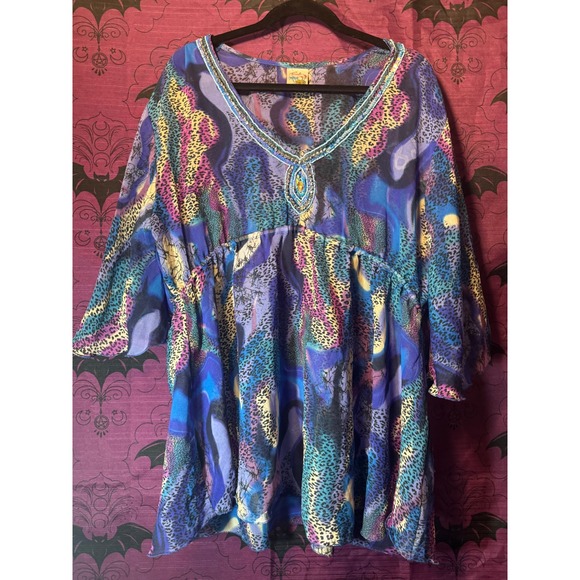 Torch Beaded Embellished Tunic Top Baby Doll Cover Up Free Size Bohemian Artsy - Picture 1 of 10